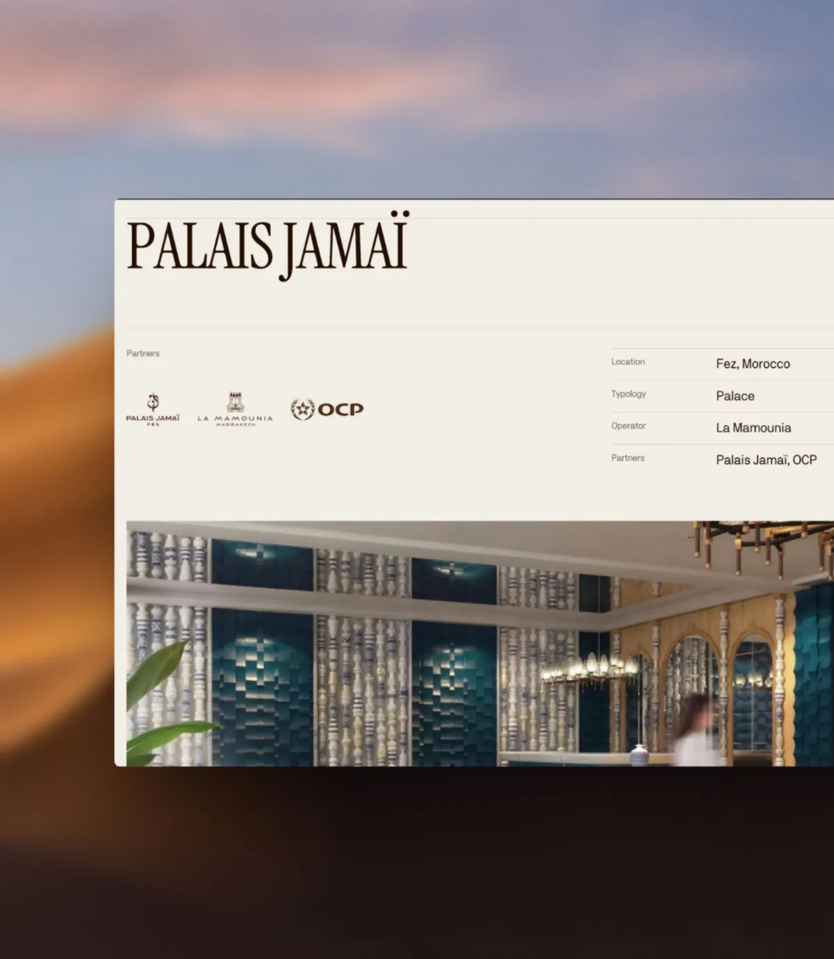 Palais Jamai reference page on the Aksis site, owner and partner marks above the fact table and the room photography