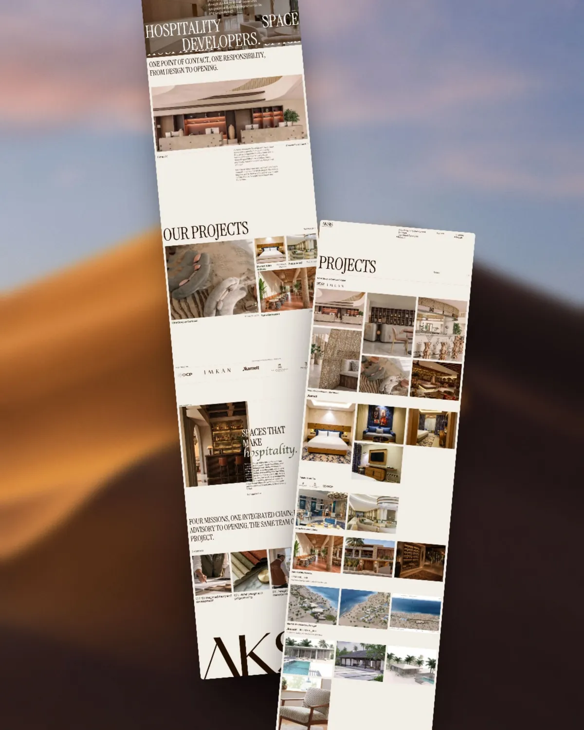 The full Aksis scroll, the homepage and the projects index shown end to end