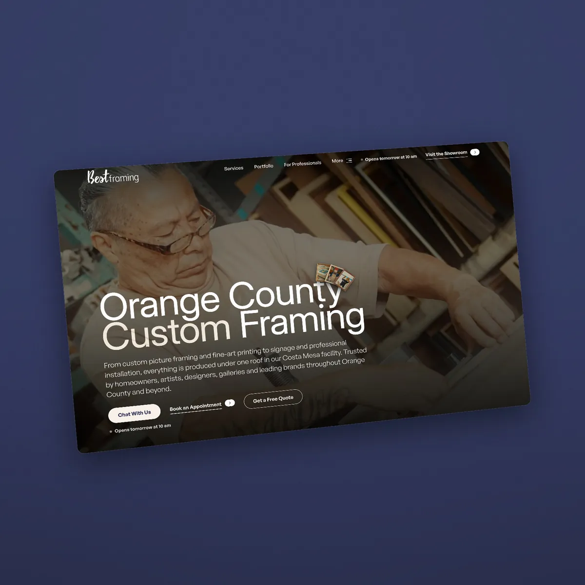 Best Framing homepage, Orange County custom framing over a framer at work, with chat, appointment and quote calls to action