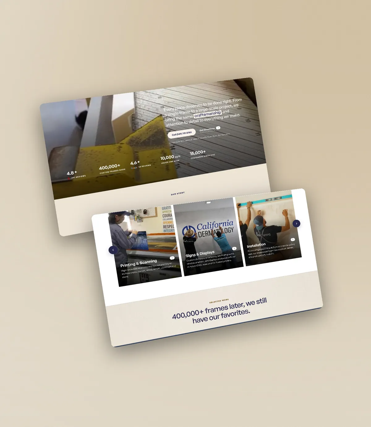 The shop's figures over a framing table, and the services carousel from printing to installation