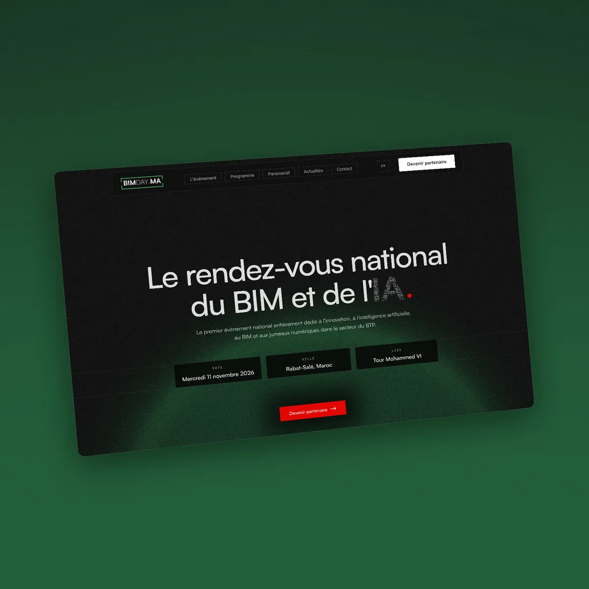 BIM DAY .MA homepage, the national event for BIM and AI set between two classical marble busts, with its date, city and venue