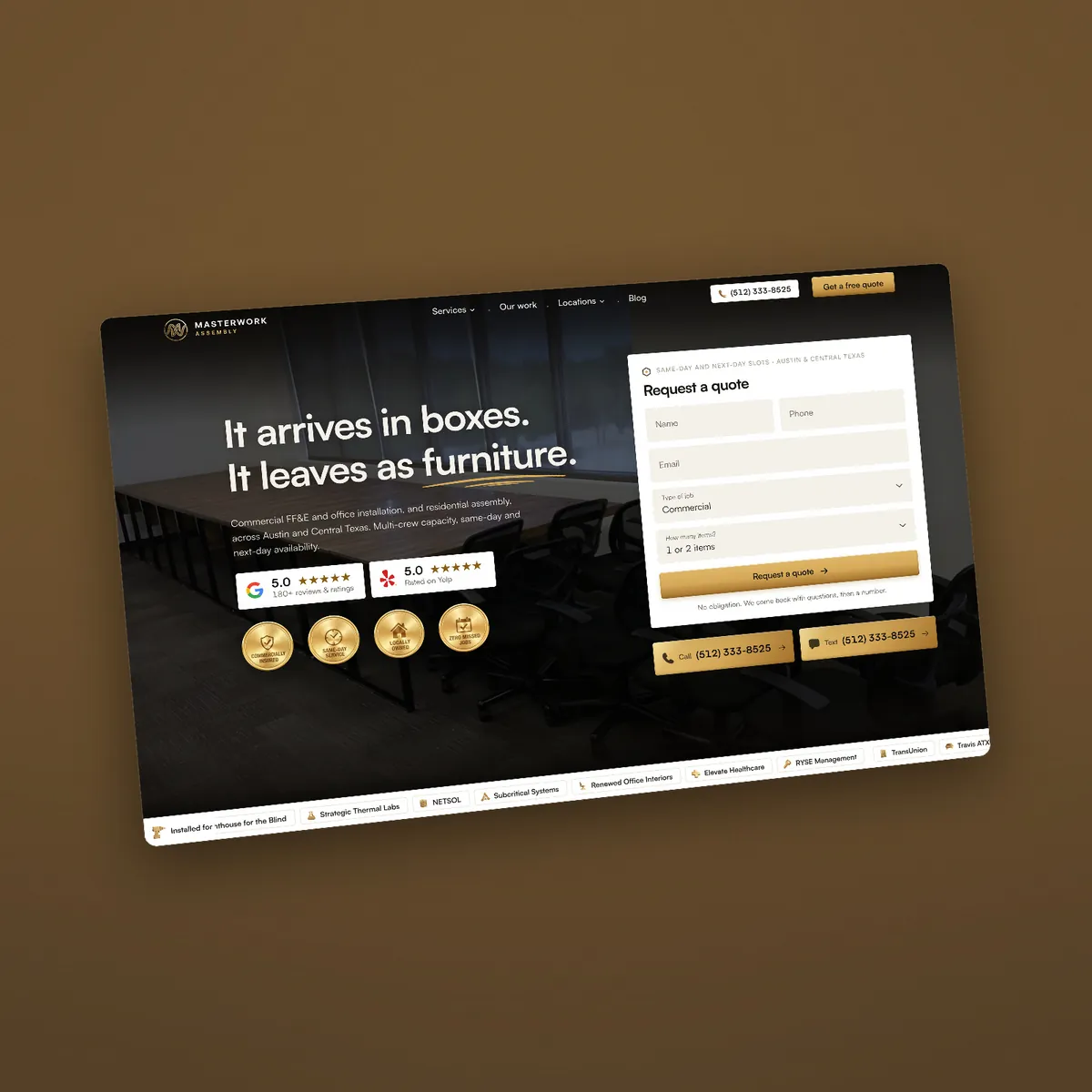 Masterwork Assembly homepage, the it arrives in boxes headline beside the quote form, on dark walnut photography