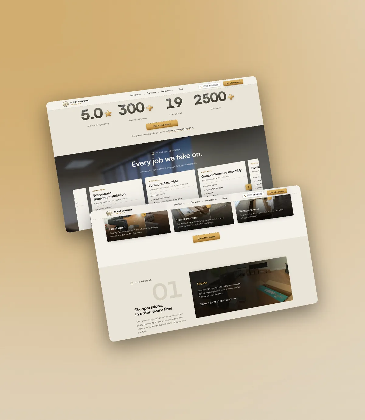 The review and volume figures above the service cards, and the method section laid out step by step