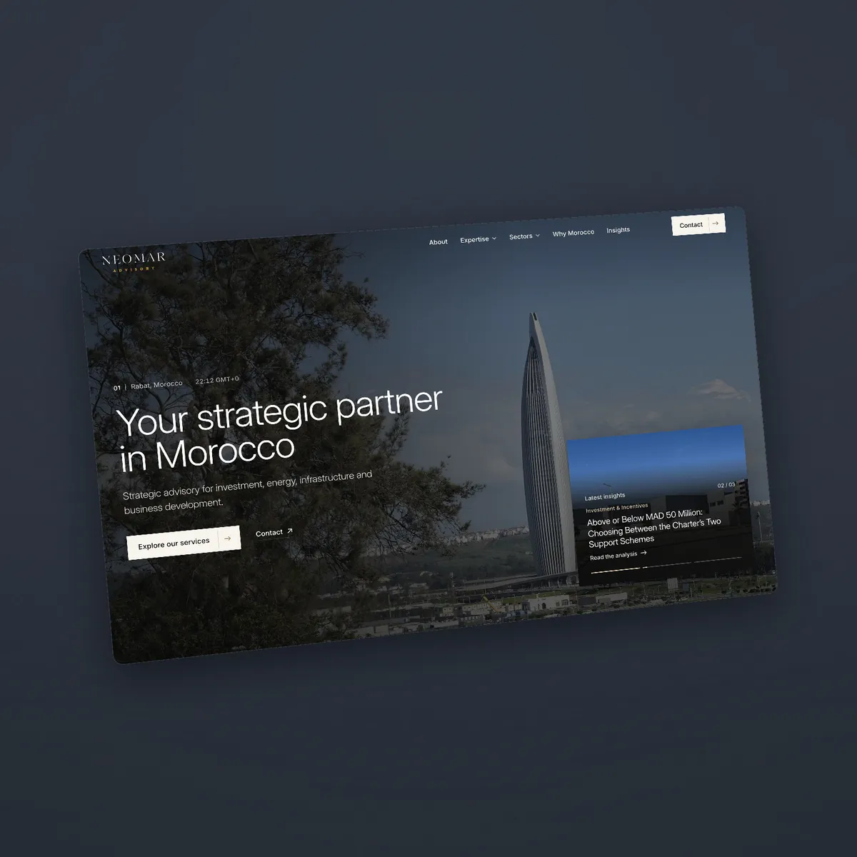 Neomar Advisory homepage, your strategic partner in Morocco set over the Casablanca Finance City tower