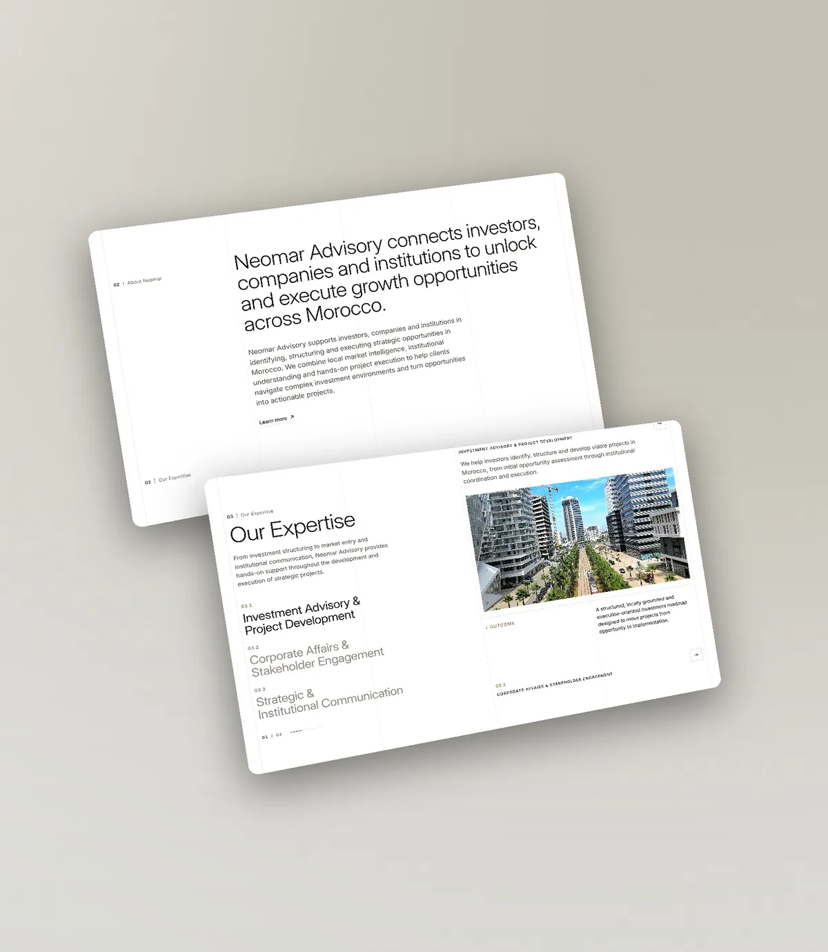 The positioning statement and the three practices of the firm, each numbered and set on white