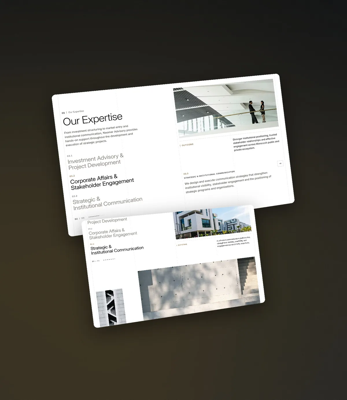 The expertise pages with their outcome panels and the architectural photography that carries them